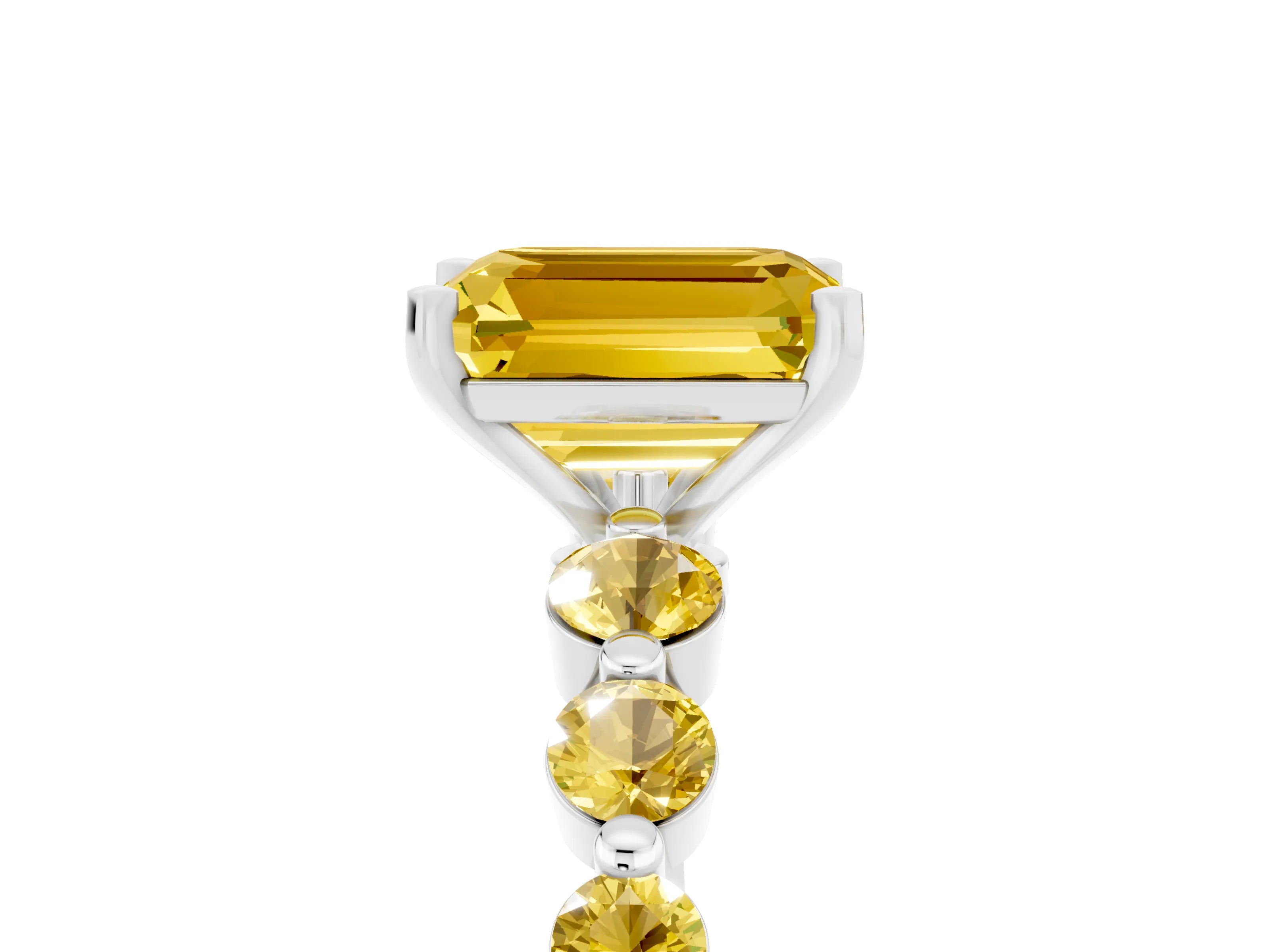 White gold Emerald Cut Solitaire Yellow Sapphire Ring with Pave Band and Four-Prong Setting_5