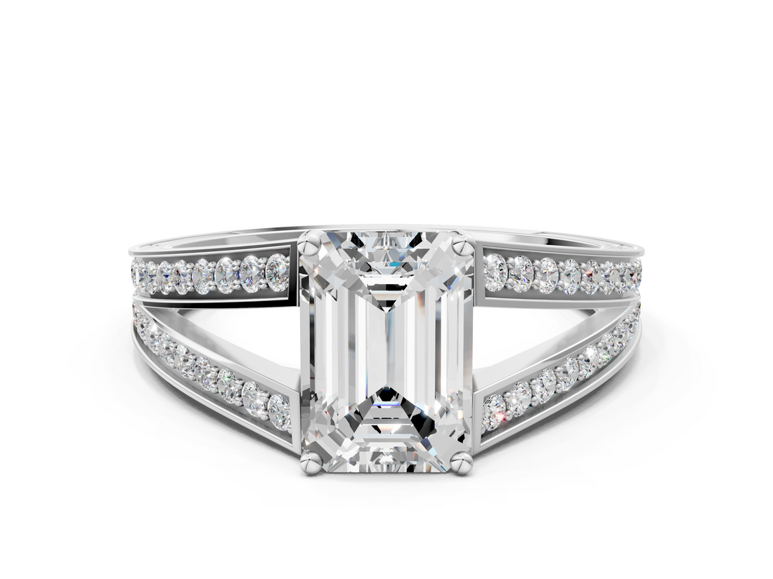 White gold Emerald Cut Split Shank Pave Diamond Ring with Four-Prong Setting_46