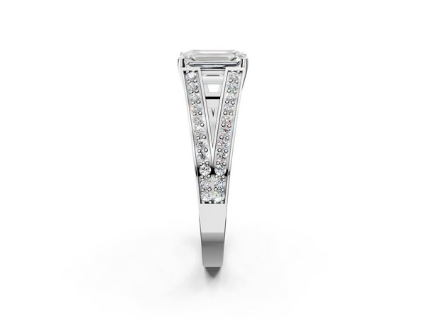 Platinum Emerald Cut Split Shank Engagement Ring Setting with Pave Band and Engraved Sides