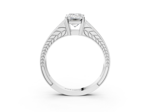 White Gold Emerald Cut Split Shank Engagement Ring Setting with Pave Band and Engraved Sides