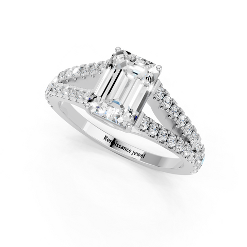 White gold Emerald Cut Split Shank Pave Engagement Ring with Four-Prong Setting_9