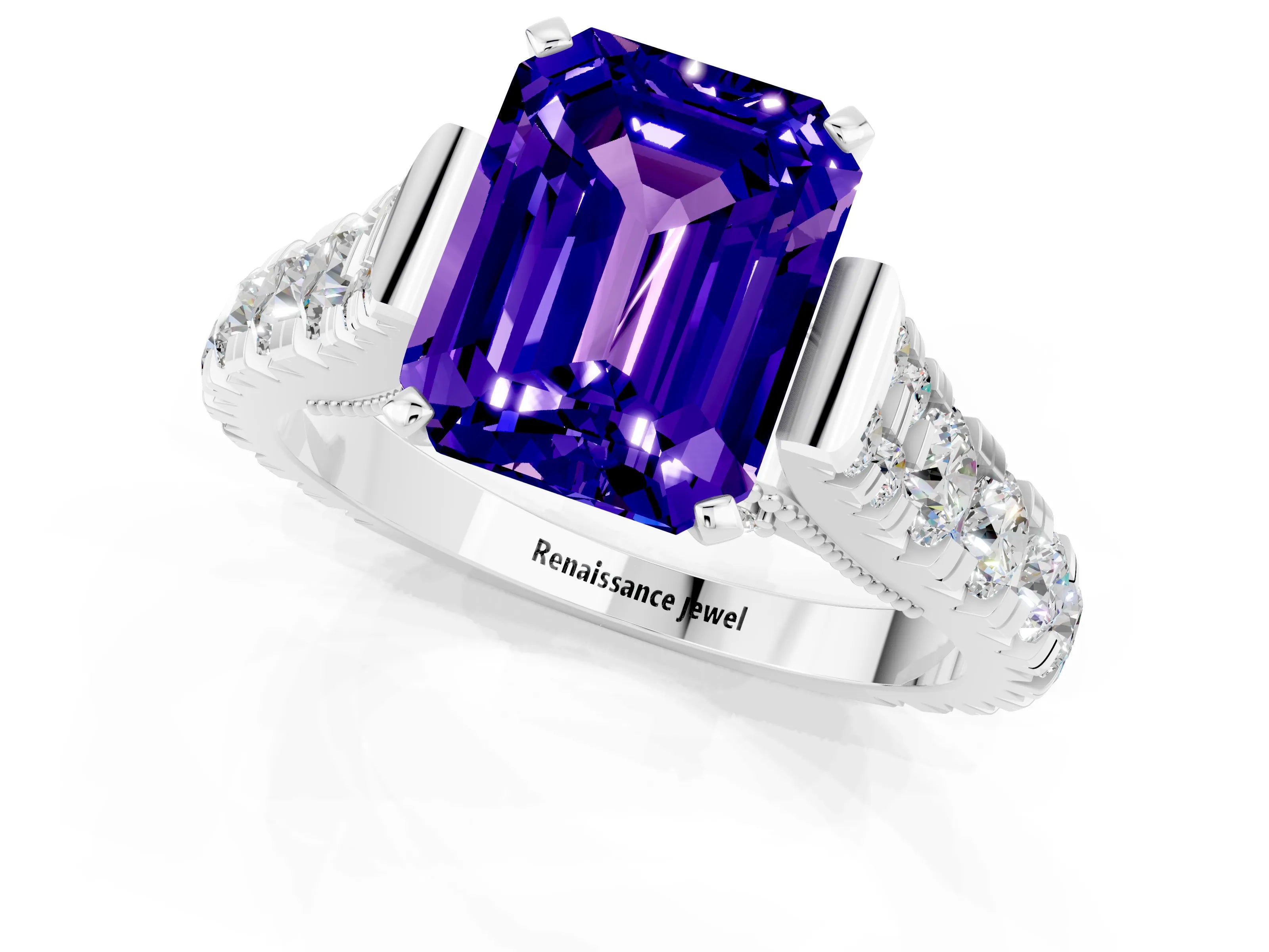 White gold Emerald Cut Tanzanite Classic Solitaire Ring with Pavé Band and Four-Prong Setting_1