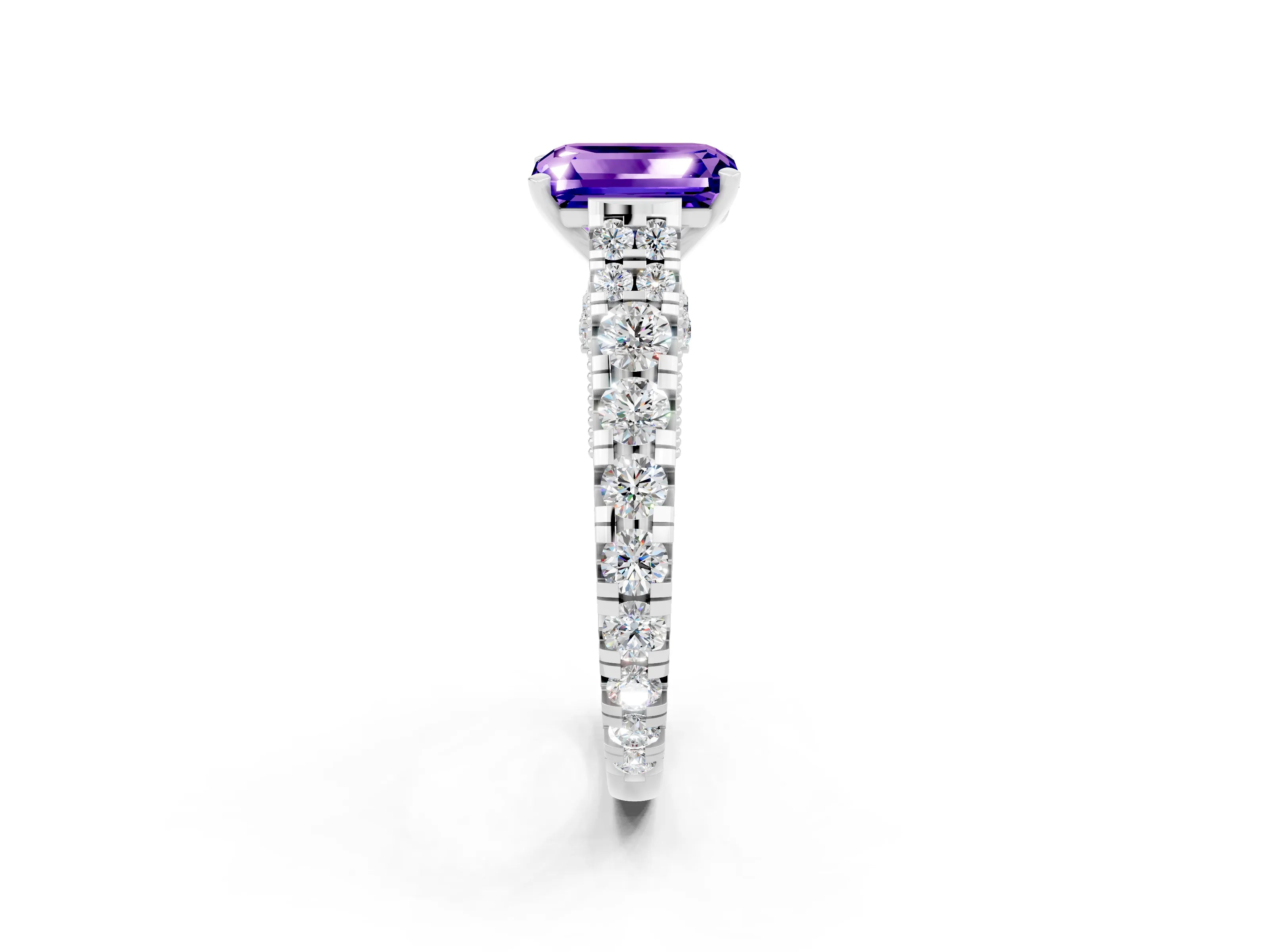 White gold Emerald Cut Tanzanite Classic Solitaire Ring with Pavé Band and Four-Prong Setting_2
