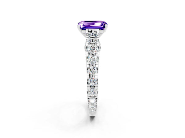 Platinum Emerald Cut Tanzanite Classic Solitaire Ring with Pavé Band and Four-Prong Setting