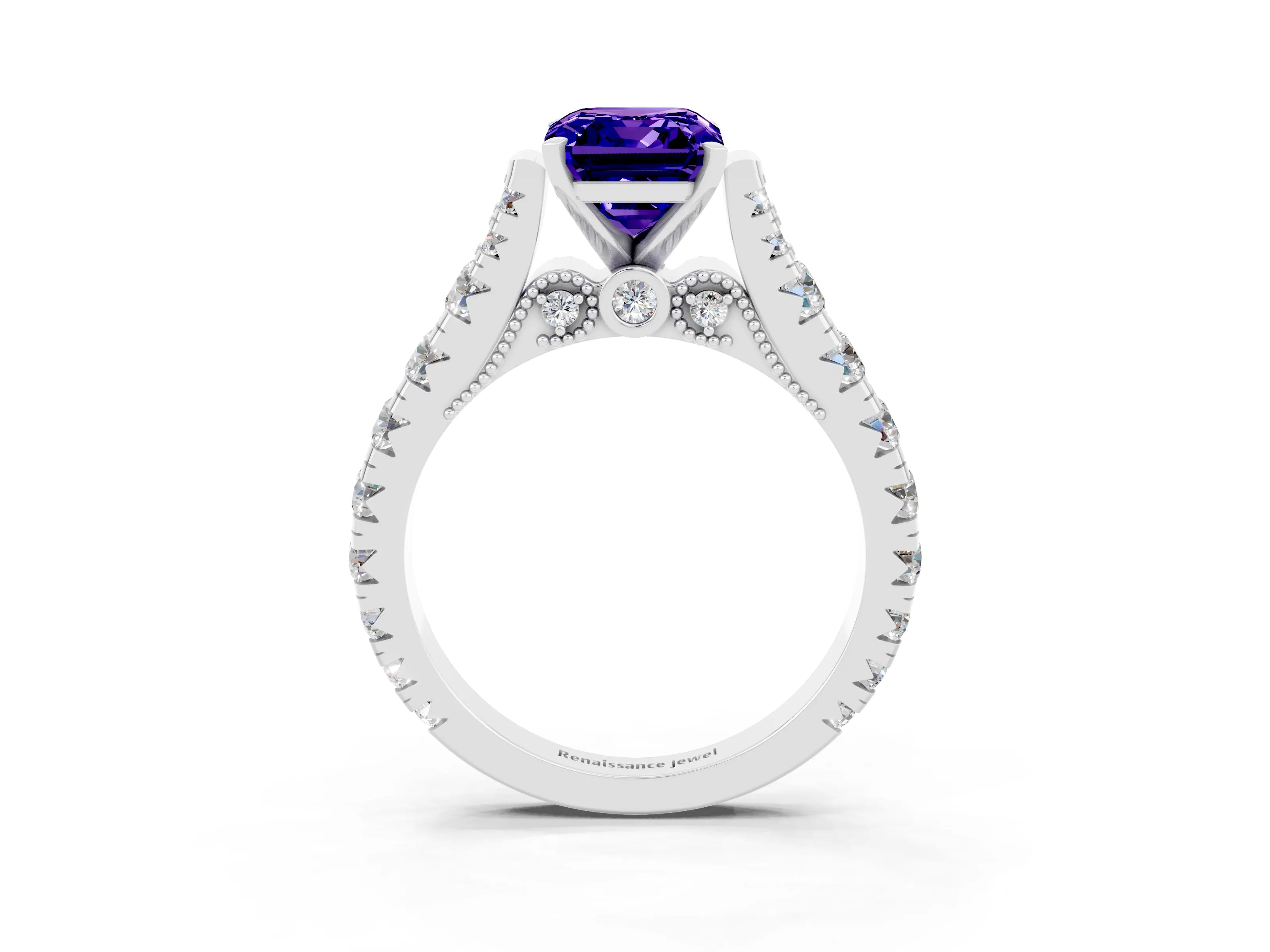 White gold Emerald Cut Tanzanite Classic Solitaire Ring with Pavé Band and Four-Prong Setting_3
