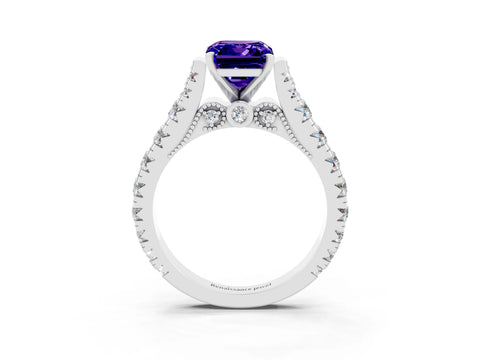 White gold Emerald Cut Tanzanite Classic Solitaire Ring with Pavé Band and Four-Prong Setting_3