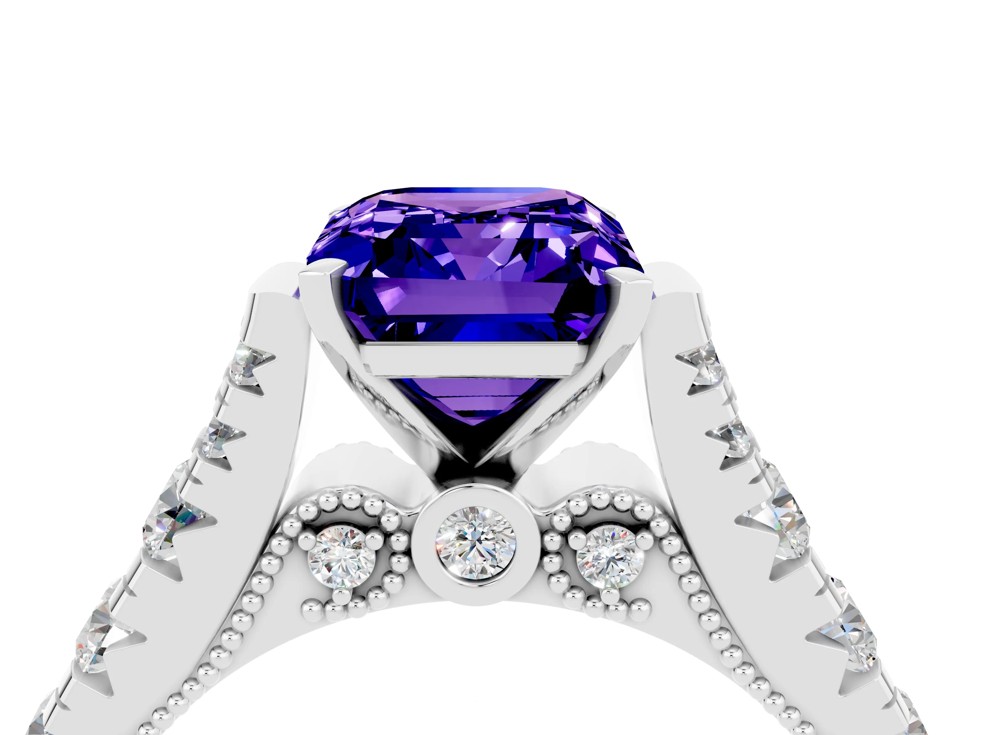 White gold Emerald Cut Tanzanite Classic Solitaire Ring with Pavé Band and Four-Prong Setting_4