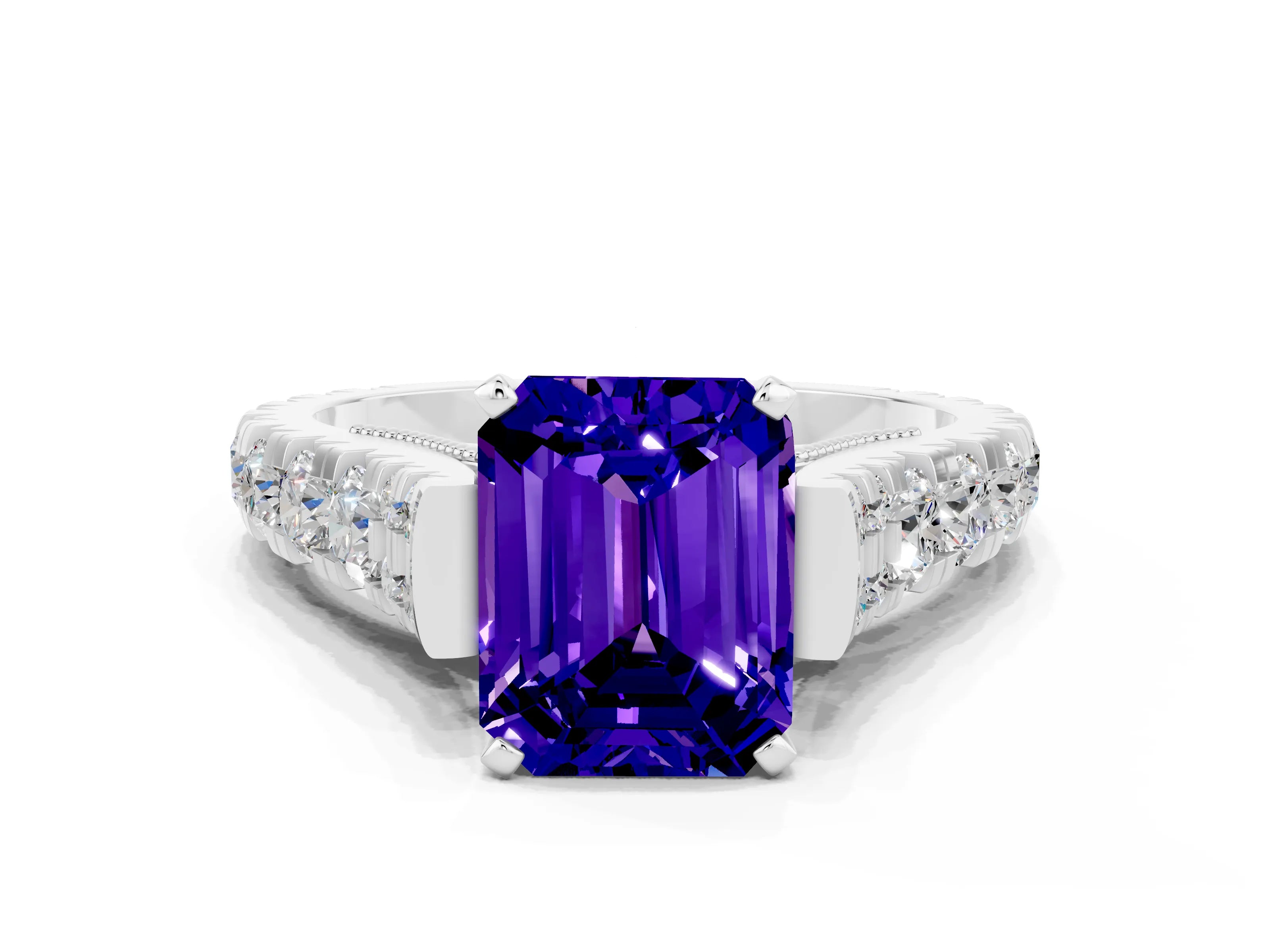 White gold Emerald Cut Tanzanite Classic Solitaire Ring with Pavé Band and Four-Prong Setting