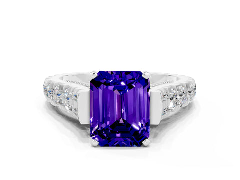 White gold Emerald Cut Tanzanite Classic Solitaire Ring with Pavé Band and Four-Prong Setting