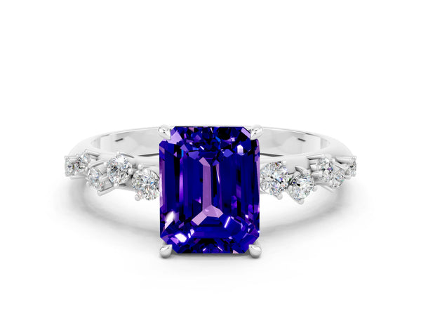 White gold Emerald Cut Tanzanite Cluster Side Stone Solitaire Ring with Prong Setting