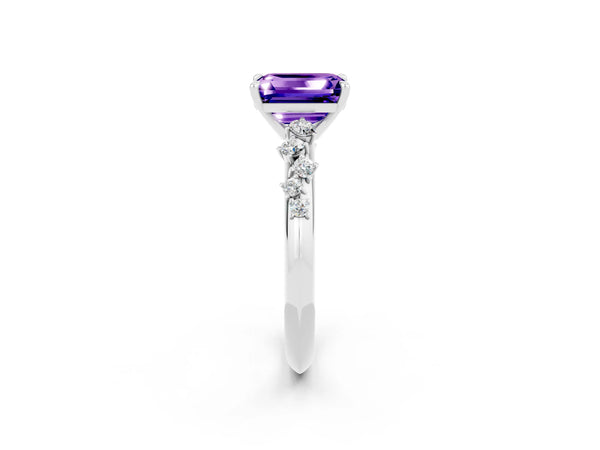 Platinum Emerald Cut Tanzanite Cluster Side Stone Solitaire Ring with Prong Setting