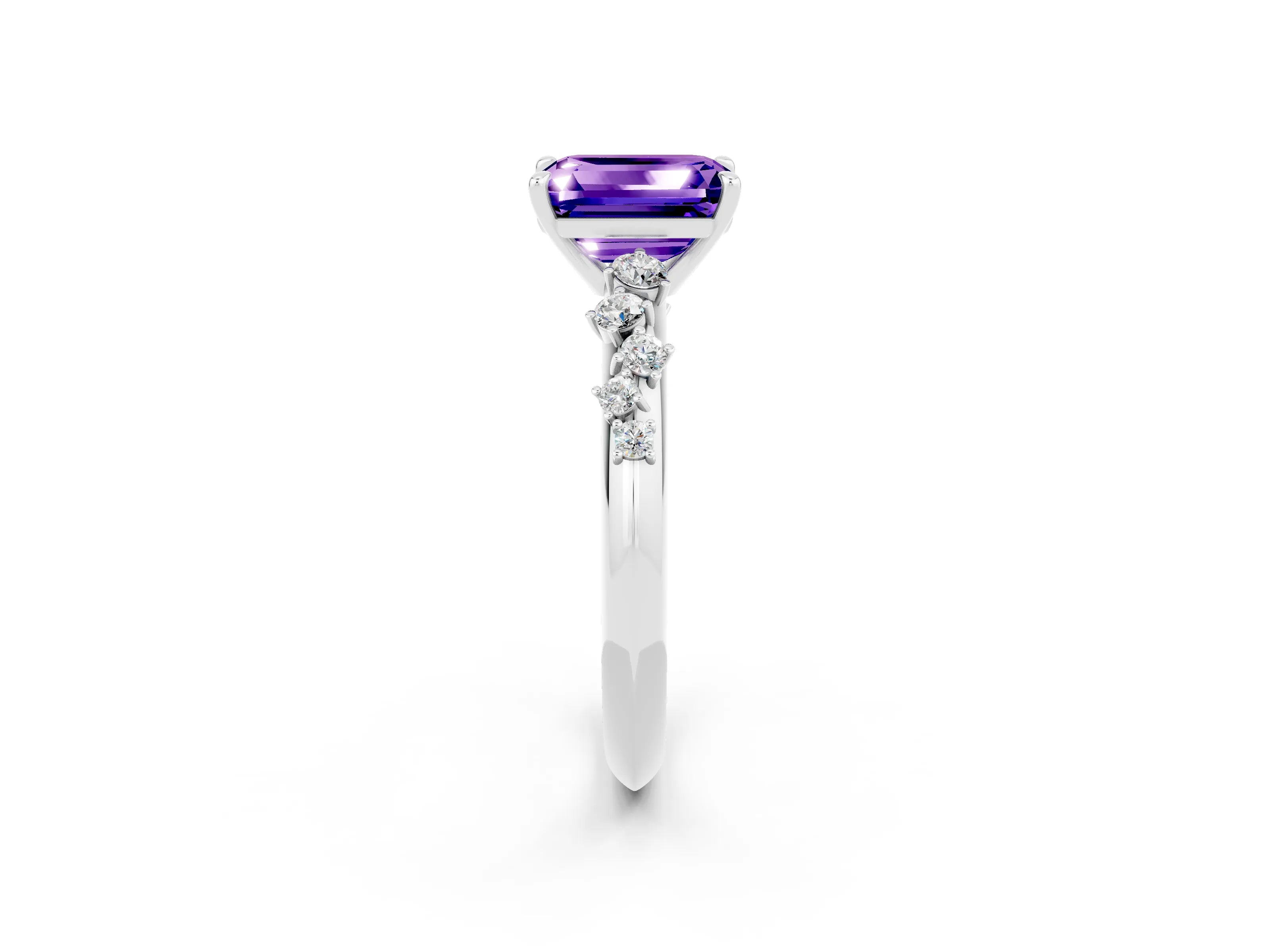 White gold Emerald Cut Tanzanite Cluster Side Stone Solitaire Ring with Prong Setting_26