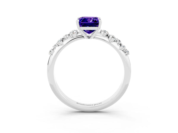 White gold Emerald Cut Tanzanite Cluster Side Stone Solitaire Ring with Prong Setting