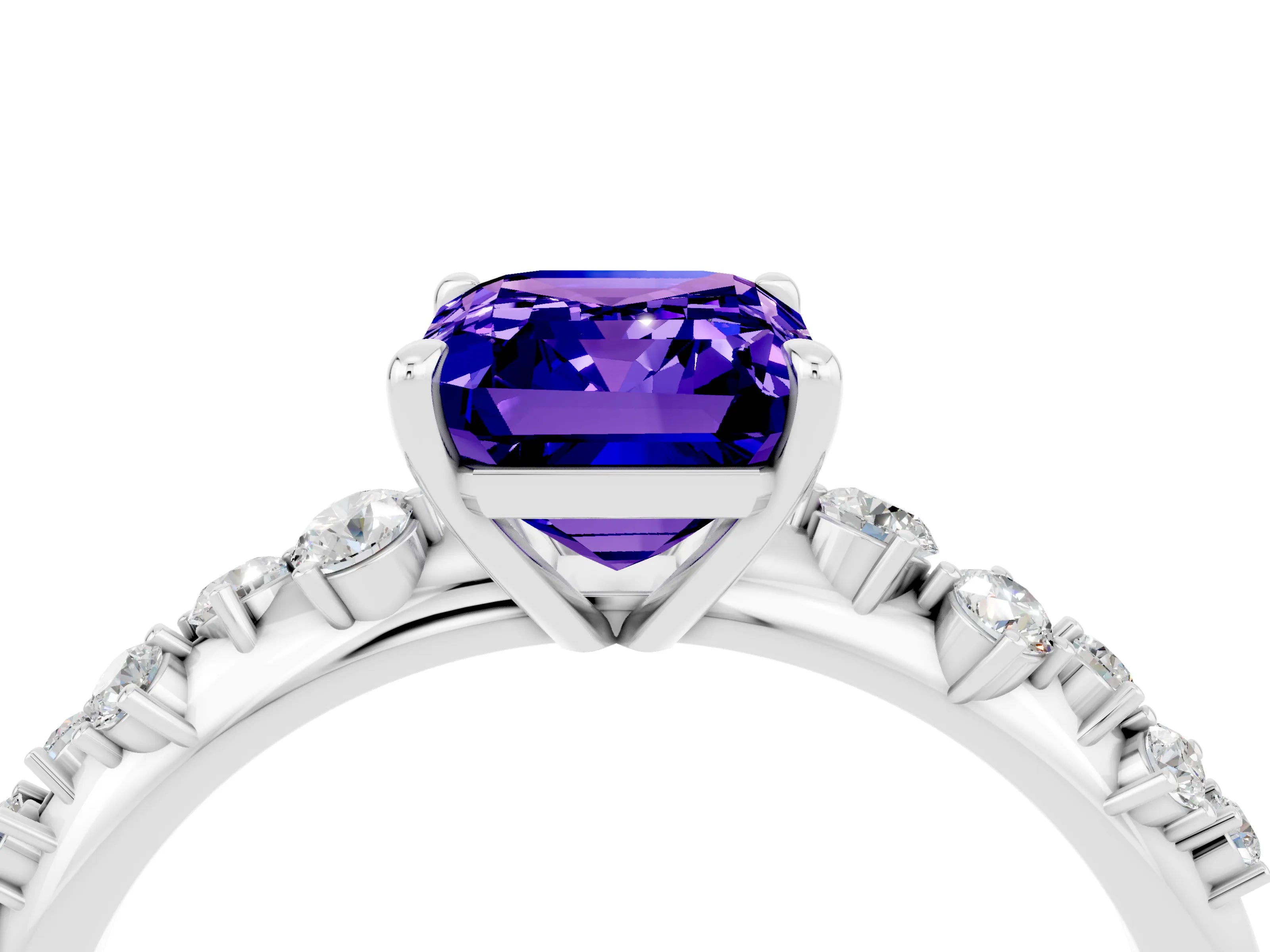 White gold Emerald Cut Tanzanite Cluster Side Stone Solitaire Ring with Prong Setting_28