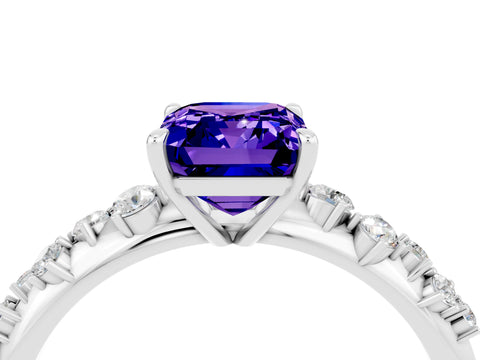 White gold Emerald Cut Tanzanite Cluster Side Stone Solitaire Ring with Prong Setting_28