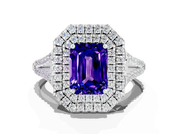 Silver Emerald Cut Tanzanite Double Halo Ring with Pavé Band and Prong Setting