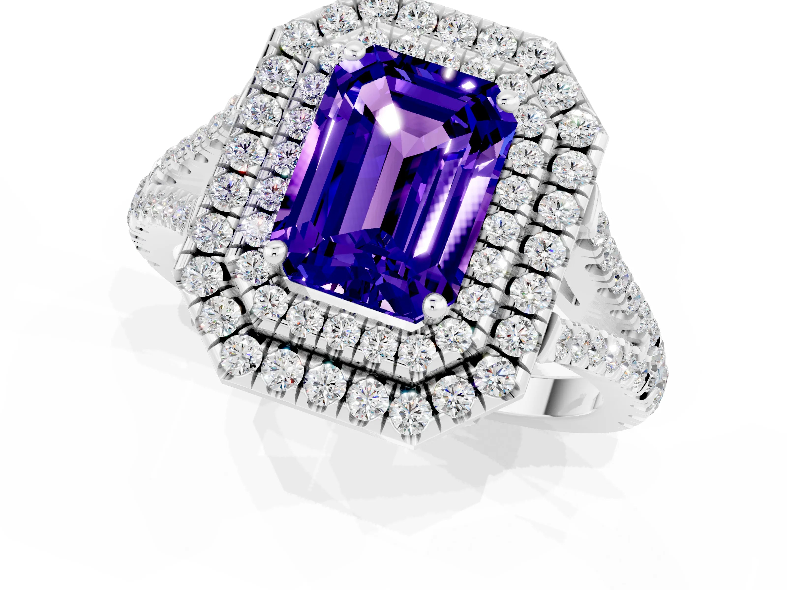 White gold Emerald Cut Tanzanite Double Halo Ring with Pavé Band and Prong Setting_13