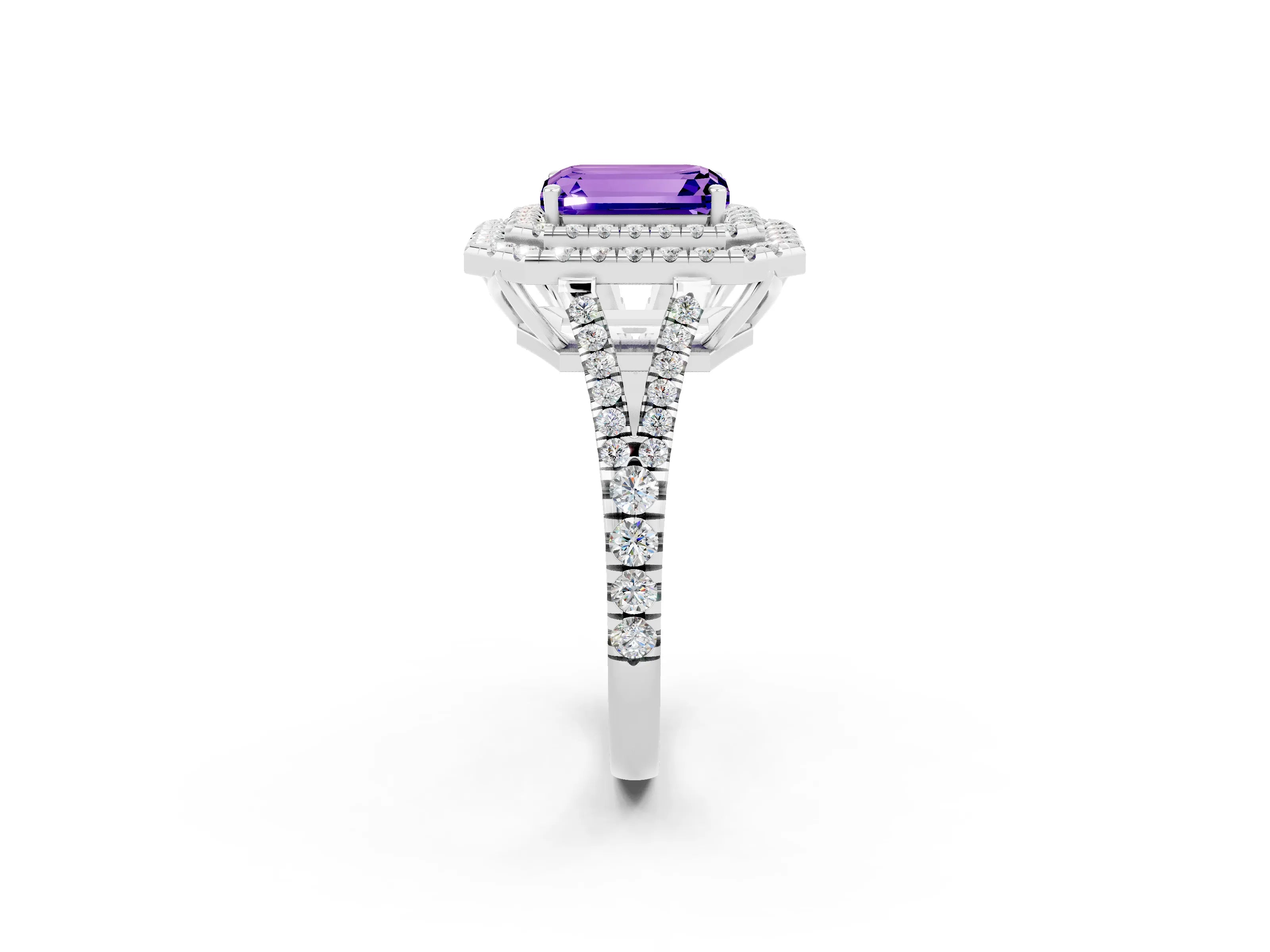 White gold Emerald Cut Tanzanite Double Halo Ring with Pavé Band and Prong Setting_14