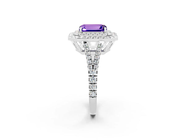 Silver Emerald Cut Tanzanite Double Halo Ring with Pavé Band and Prong Setting