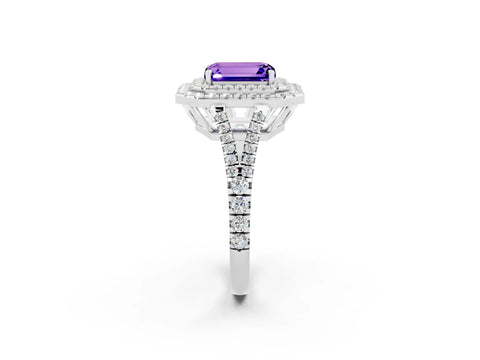 White gold Emerald Cut Tanzanite Double Halo Ring with Pavé Band and Prong Setting_14