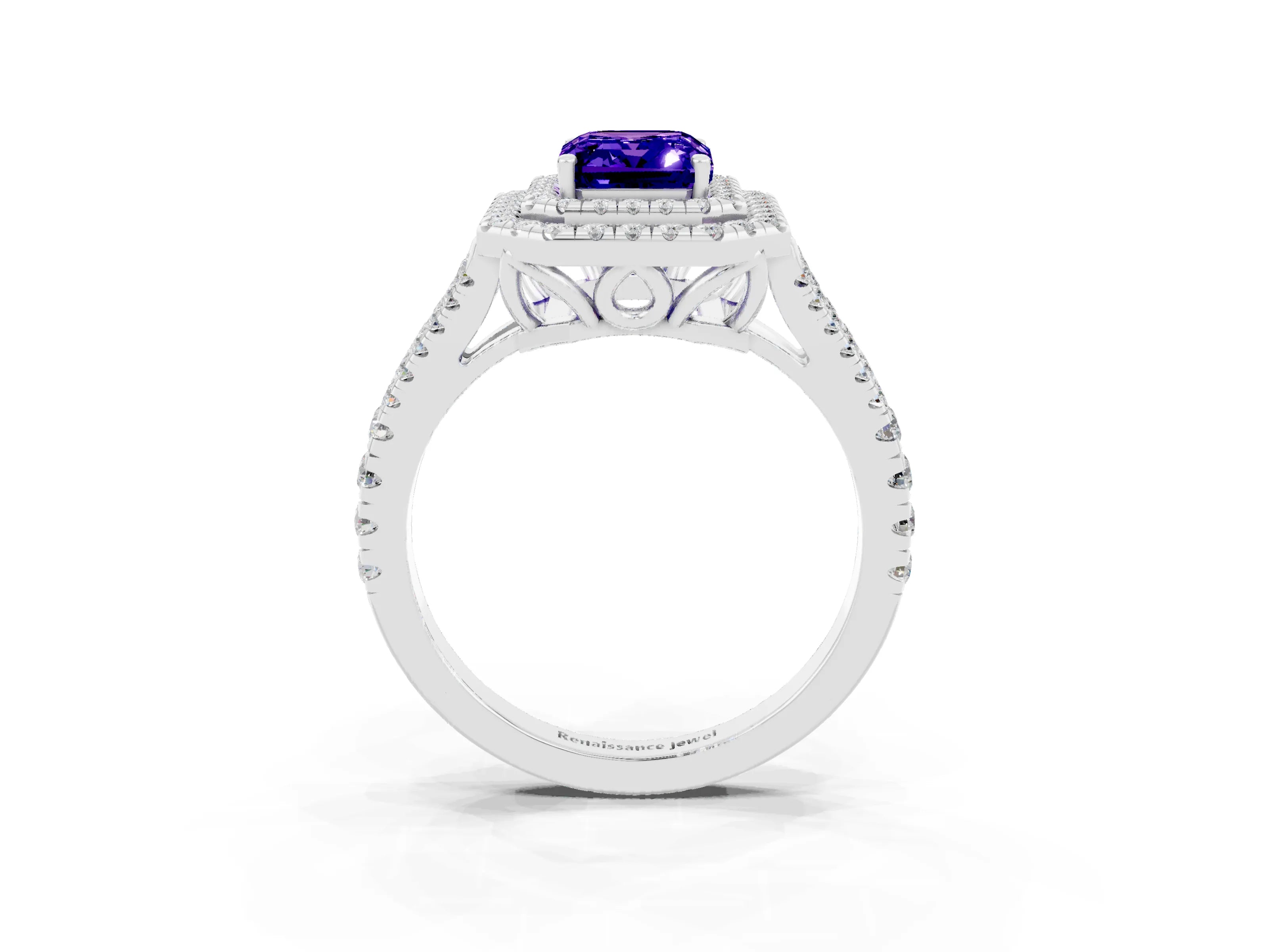 White gold Emerald Cut Tanzanite Double Halo Ring with Pavé Band and Prong Setting_15