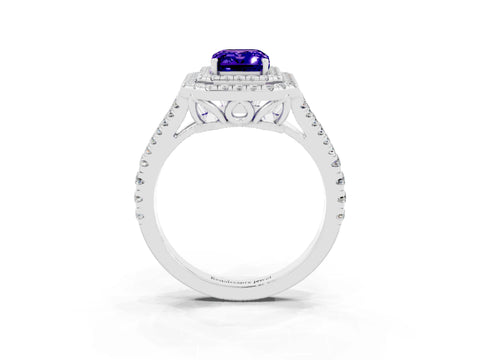 White gold Emerald Cut Tanzanite Double Halo Ring with Pavé Band and Prong Setting_15