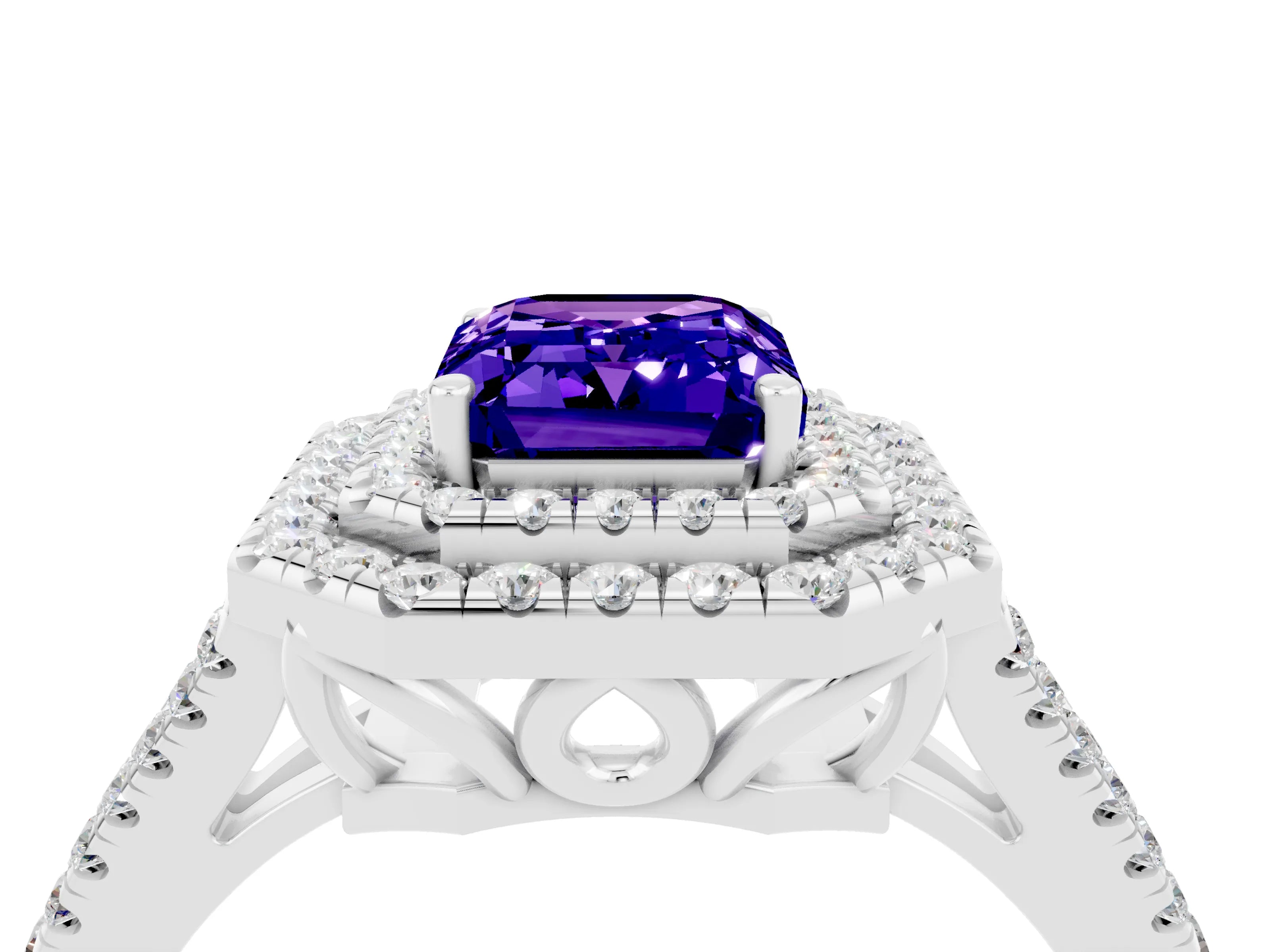 White gold Emerald Cut Tanzanite Double Halo Ring with Pavé Band and Prong Setting_16