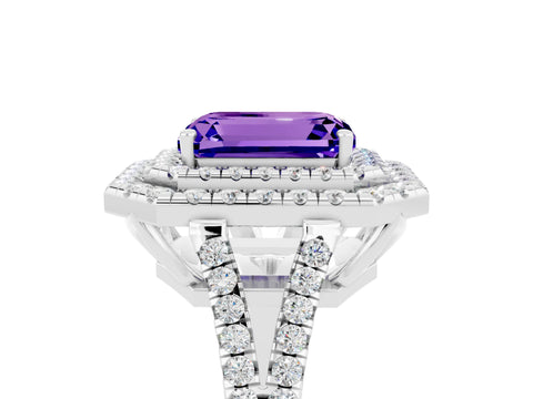 White gold Emerald Cut Tanzanite Double Halo Ring with Pavé Band and Prong Setting_17