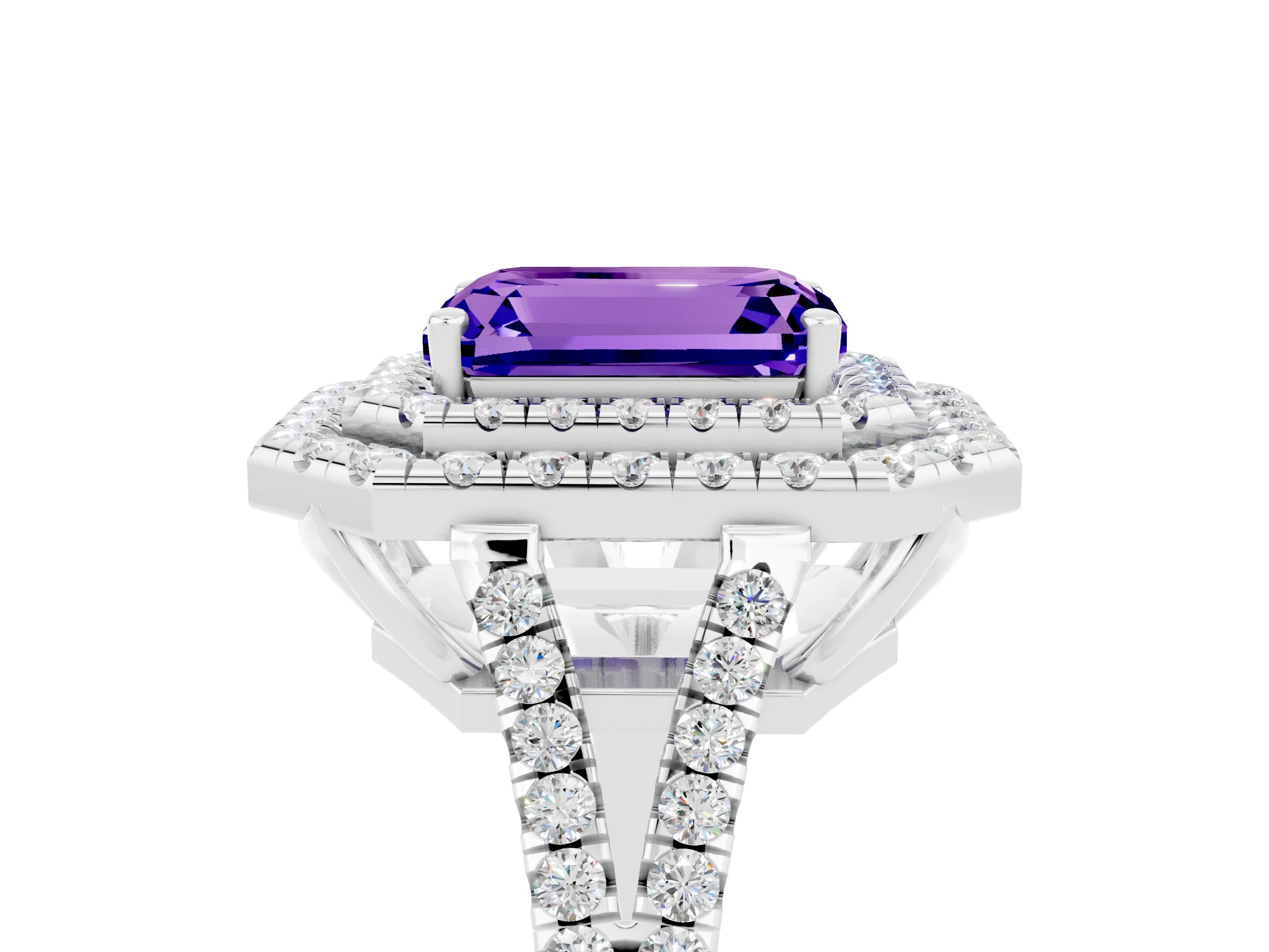 White gold Emerald Cut Tanzanite Double Halo Ring with Pavé Band and Prong Setting_17