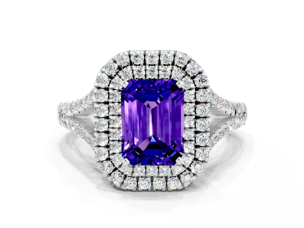 Platinum Emerald Cut Tanzanite Double Halo Ring with Split Shank and Prong Setting