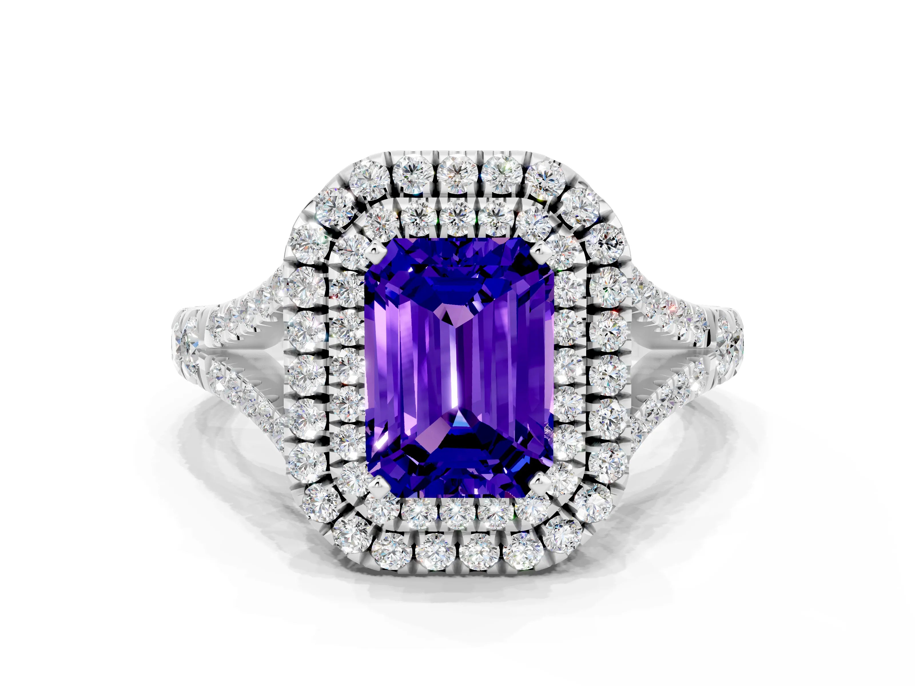 White gold Emerald Cut Tanzanite Double Halo Ring with Split Shank and Prong Setting_12