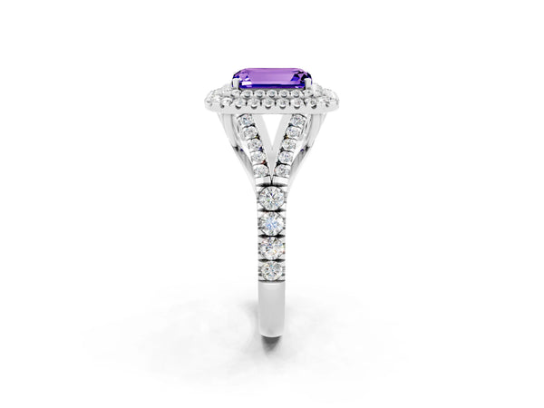 Silver Emerald Cut Tanzanite Double Halo Ring with Split Shank and Prong Setting