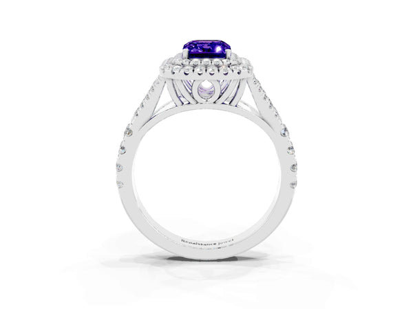 Platinum Emerald Cut Tanzanite Double Halo Ring with Split Shank and Prong Setting