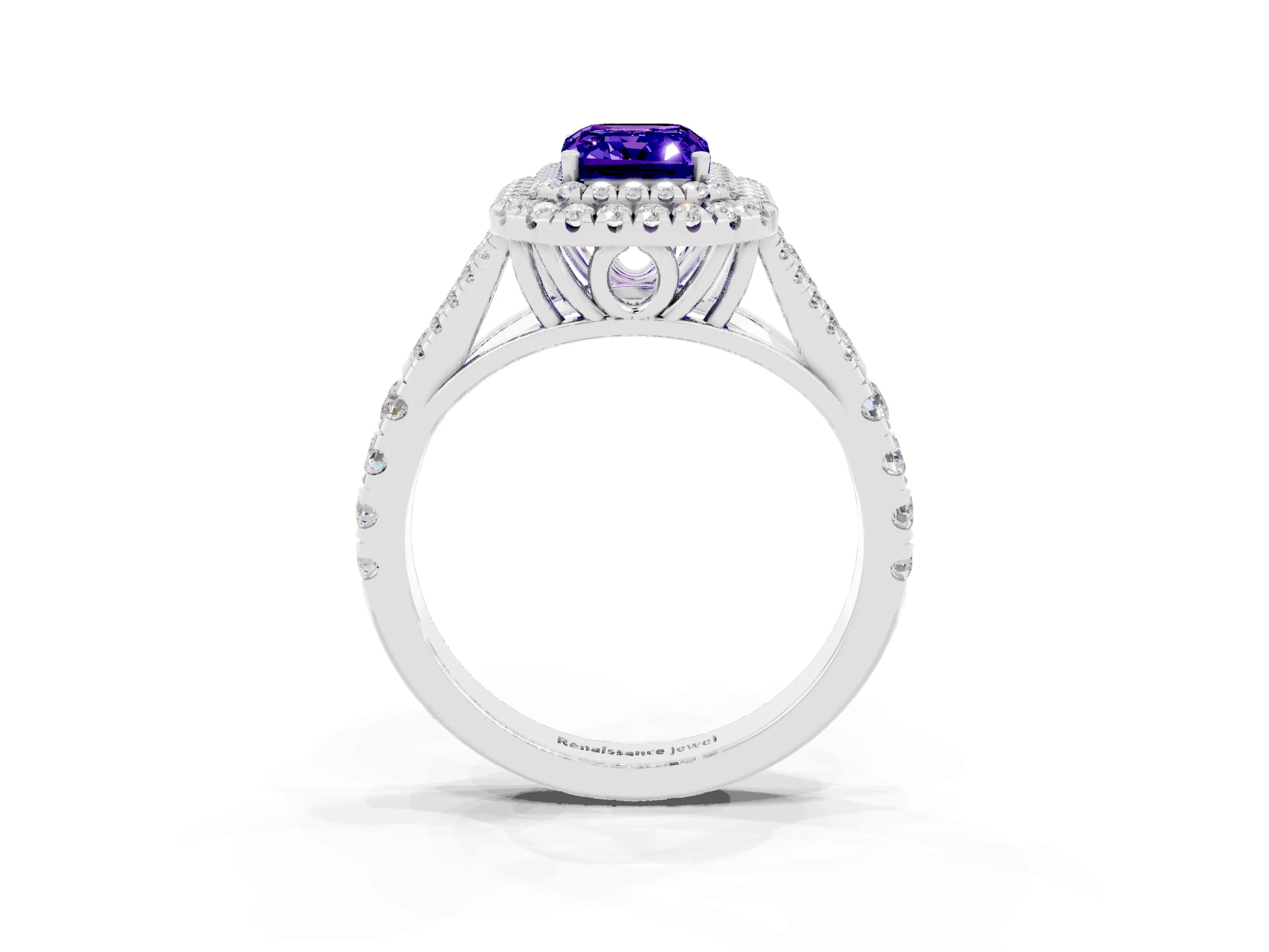 White gold Emerald Cut Tanzanite Double Halo Ring with Split Shank and Prong Setting_15