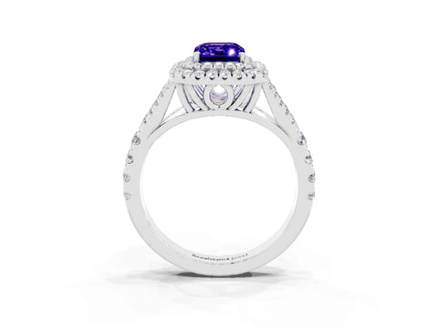 White gold Emerald Cut Tanzanite Double Halo Ring with Split Shank and Prong Setting_15