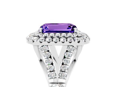 White gold Emerald Cut Tanzanite Double Halo Ring with Split Shank and Prong Setting_17