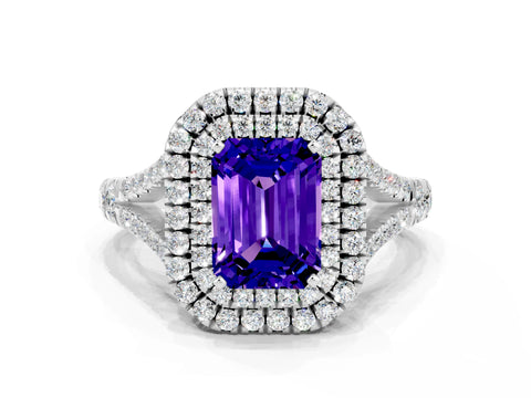 White gold Emerald Cut Tanzanite Double Halo Ring with Split Shank and Prong Setting_24