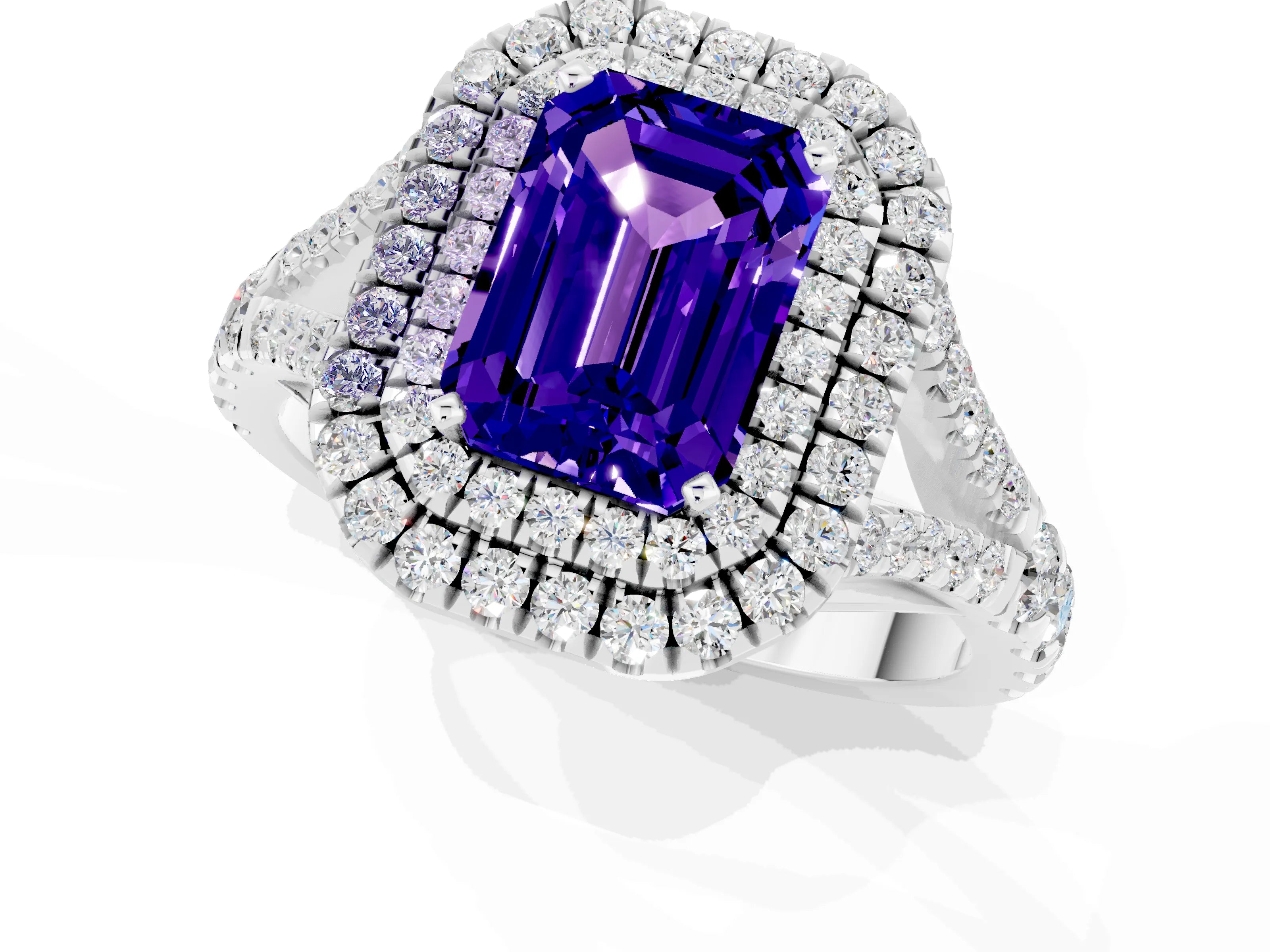 White gold Emerald Cut Tanzanite Double Halo Ring with Split Shank and Prong Setting_25
