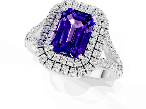 White gold Emerald Cut Tanzanite Double Halo Ring with Split Shank and Prong Setting_25
