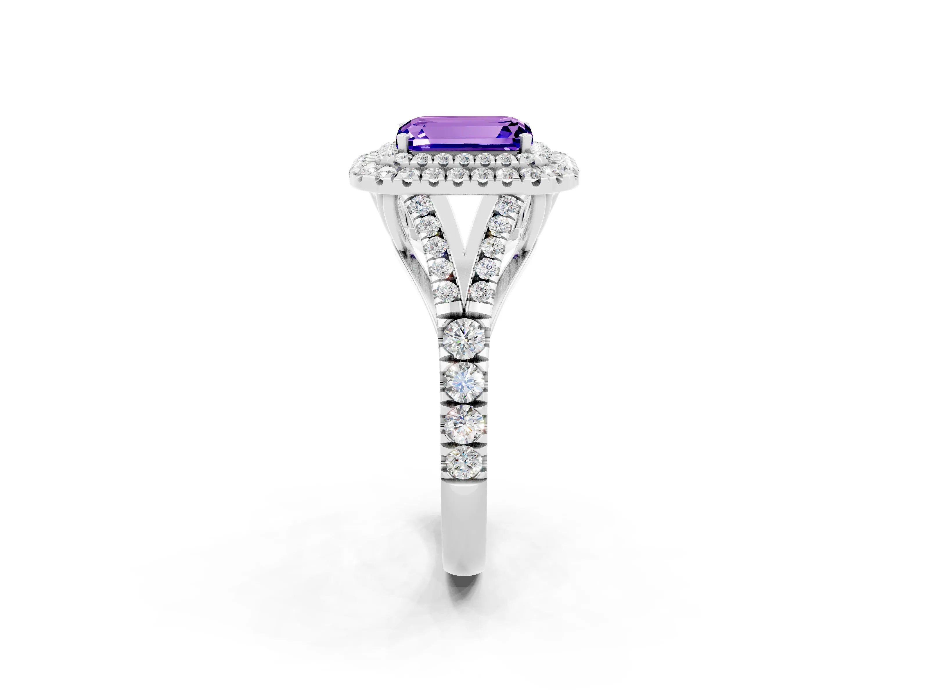 White gold Emerald Cut Tanzanite Double Halo Ring with Split Shank and Prong Setting_26