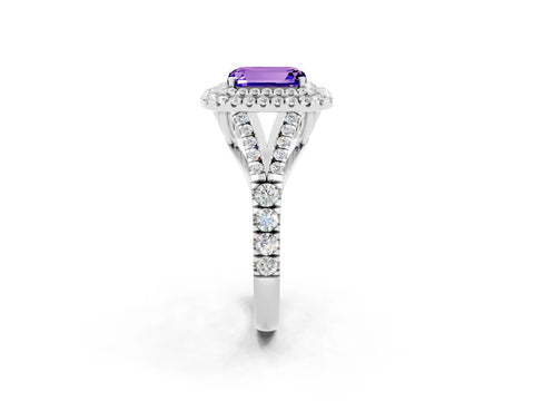 White gold Emerald Cut Tanzanite Double Halo Ring with Split Shank and Prong Setting_26