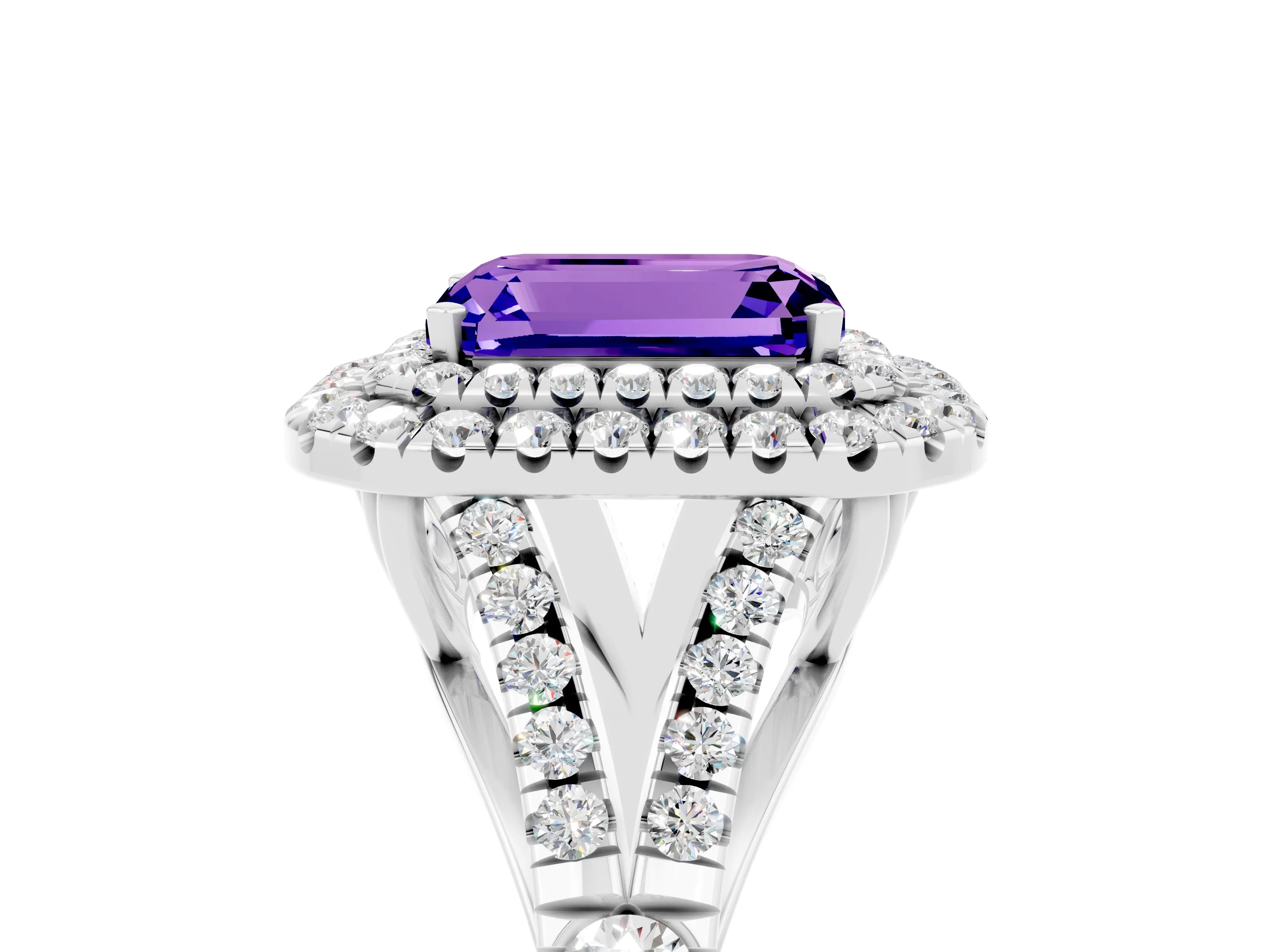 White gold Emerald Cut Tanzanite Double Halo Ring with Split Shank and Prong Setting_29