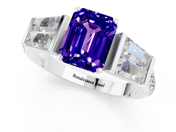 Platinum Emerald Cut Tanzanite Engagement Ring with Baguette Side Stones and Channel Set Band
