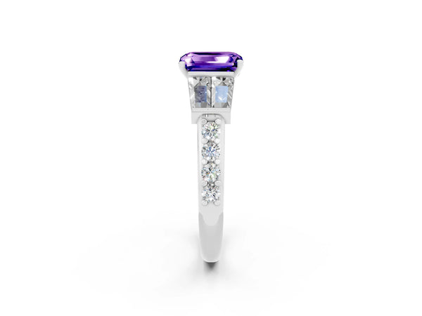Platinum Emerald Cut Tanzanite Engagement Ring with Baguette Side Stones and Channel Set Band
