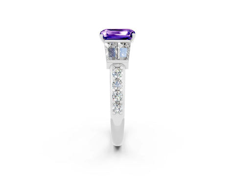 White gold Emerald Cut Tanzanite Engagement Ring with Baguette Side Stones and Channel Set Band_2