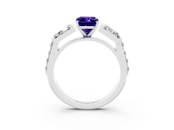 White gold Emerald Cut Tanzanite Engagement Ring with Baguette Side Stones and Channel Set Band