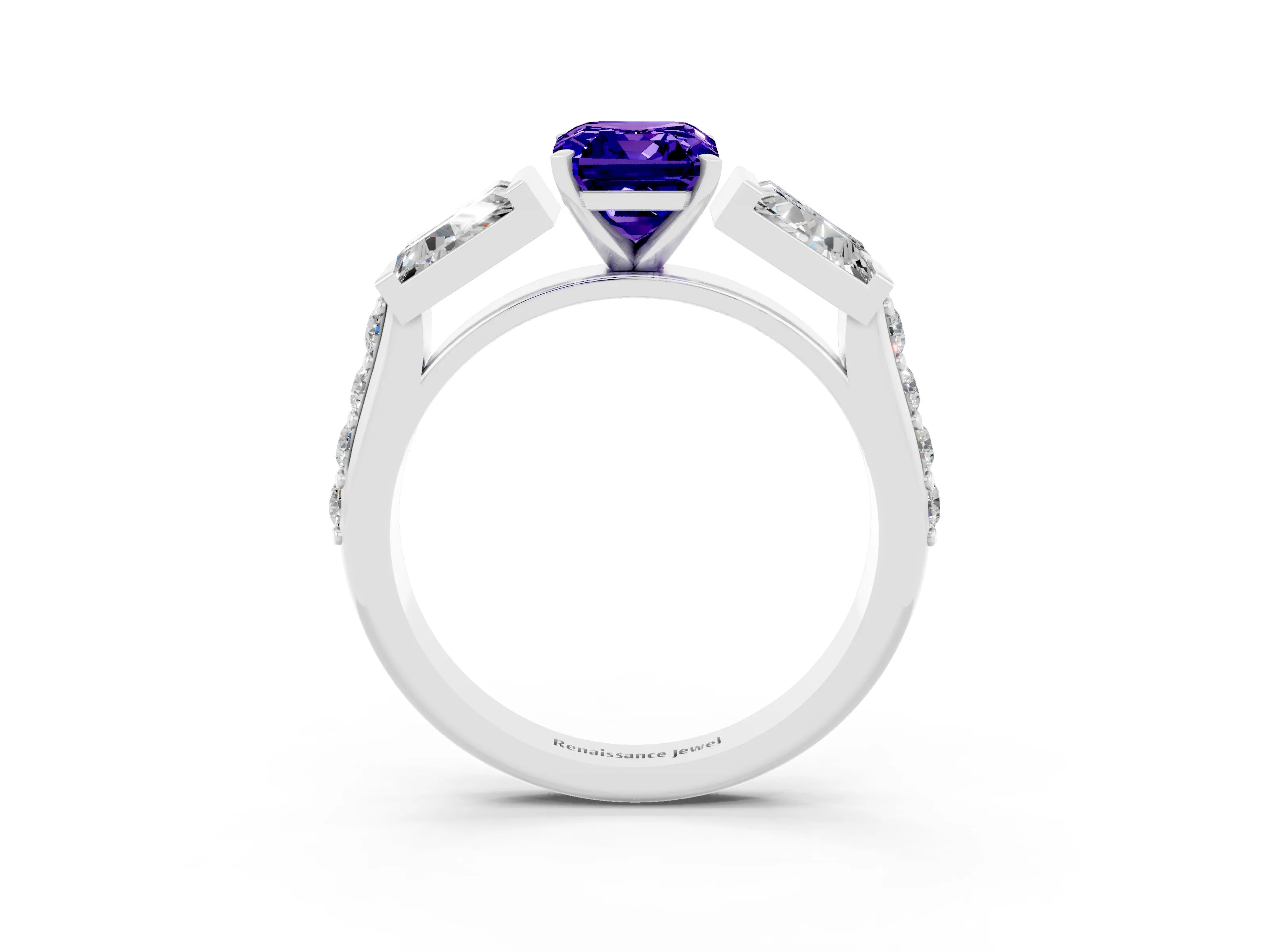 White gold Emerald Cut Tanzanite Engagement Ring with Baguette Side Stones and Channel Set Band_3