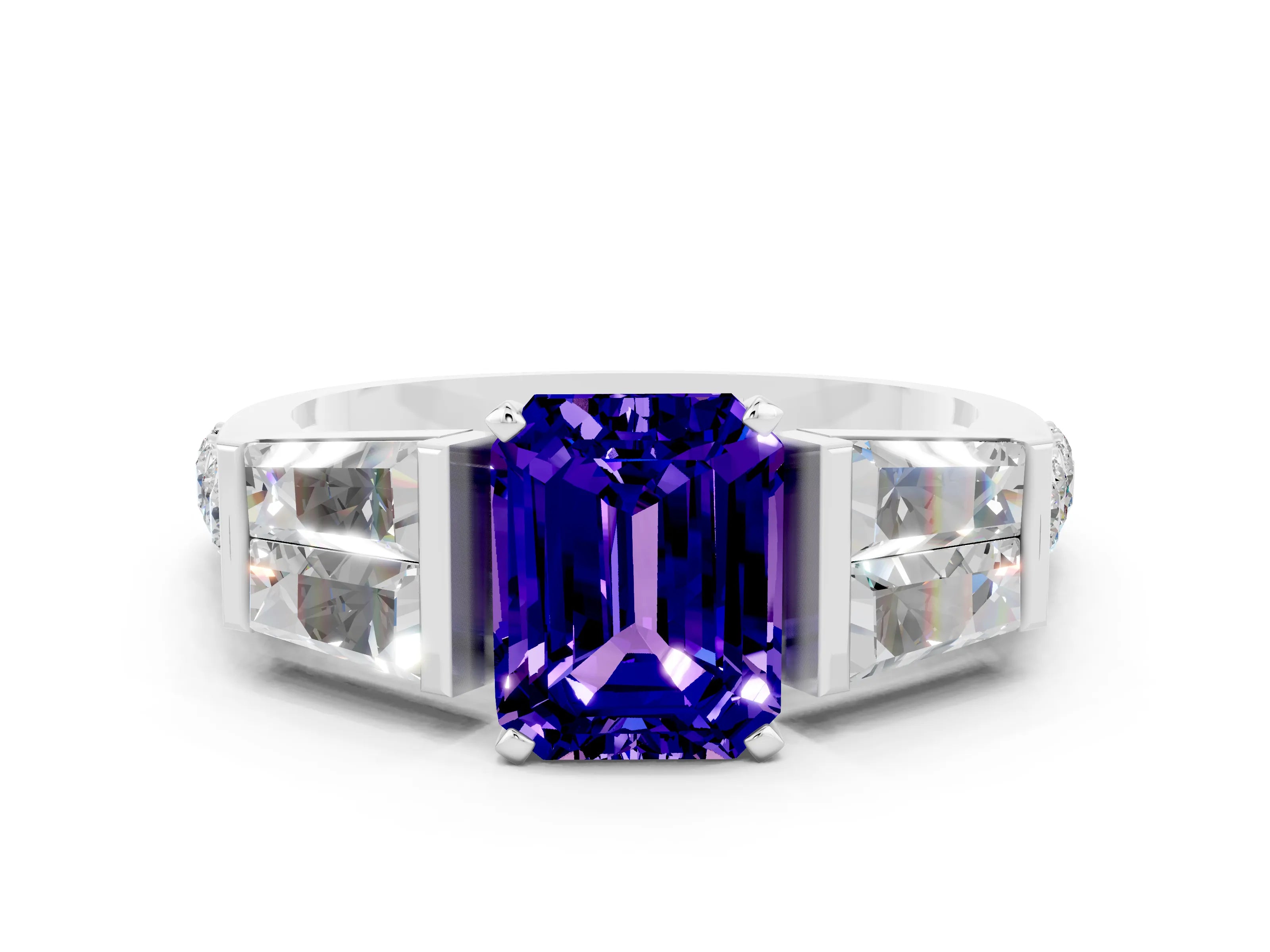 White gold Emerald Cut Tanzanite Engagement Ring with Baguette Side Stones and Channel Set Band