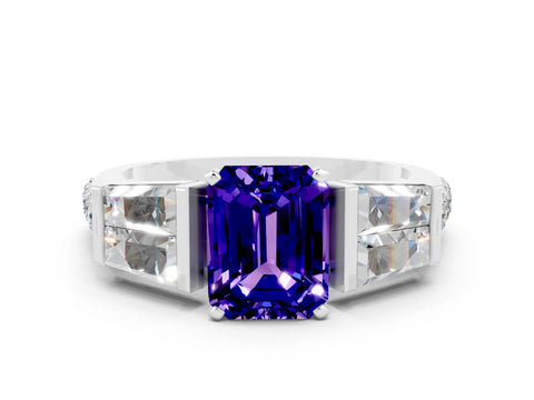 White gold Emerald Cut Tanzanite Engagement Ring with Baguette Side Stones and Channel Set Band
