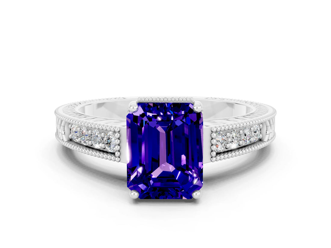 White gold Emerald Cut Tanzanite Engagement Ring with Milgrain Channel Set Band and Prong Setting